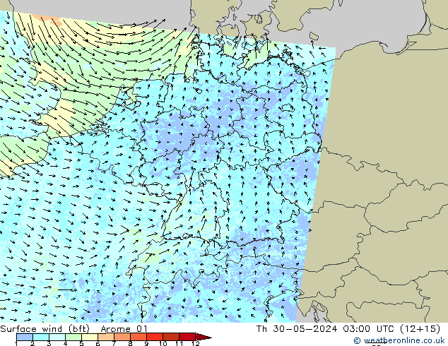 Surface wind (bft) Arome 01 Th 30.05.2024 03 UTC