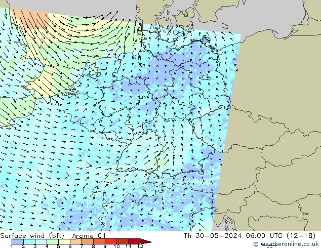 ве�Bе�@ 10 m (bft) Arome 01 чт 30.05.2024 06 UTC