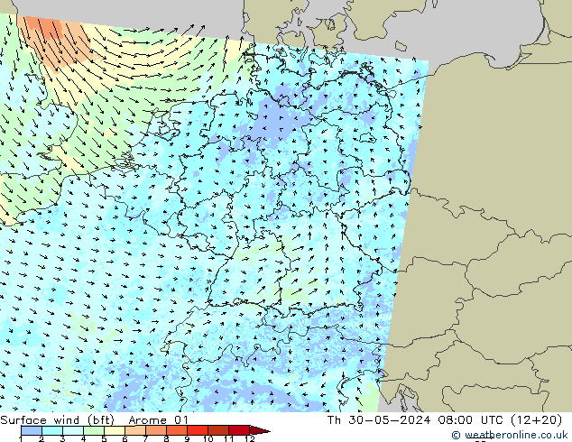 Vento 10 m (bft) Arome 01 gio 30.05.2024 08 UTC