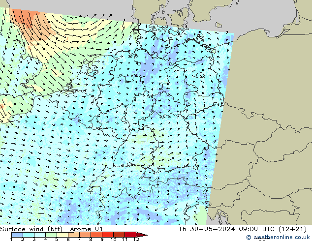 Vent 10 m (bft) Arome 01 jeu 30.05.2024 09 UTC