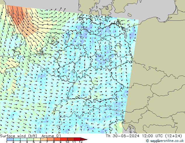 Wind 10 m (bft) Arome 01 do 30.05.2024 12 UTC