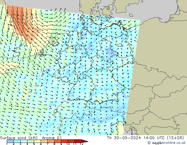 Surface wind (bft) Arome 01 Th 30.05.2024 14 UTC
