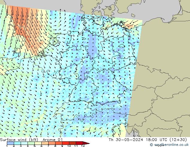 Wind 10 m (bft) Arome 01 do 30.05.2024 18 UTC