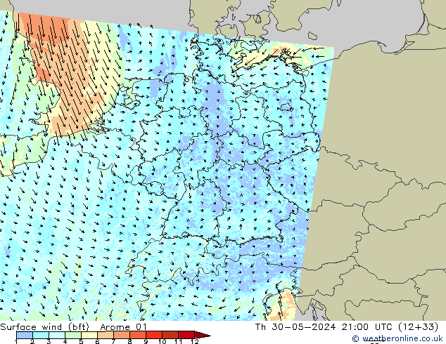 Wind 10 m (bft) Arome 01 do 30.05.2024 21 UTC