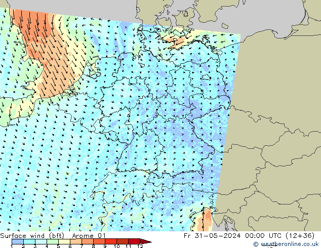 Surface wind (bft) Arome 01 Fr 31.05.2024 00 UTC