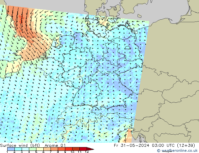 Wind 10 m (bft) Arome 01 vr 31.05.2024 03 UTC