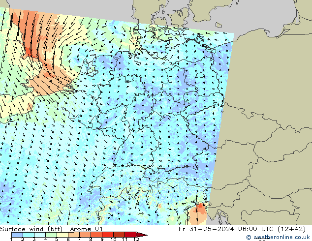 Wind 10 m (bft) Arome 01 vr 31.05.2024 06 UTC