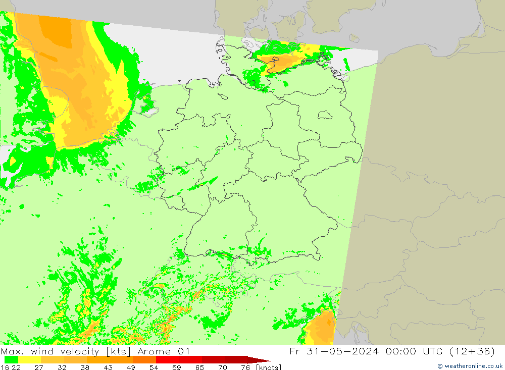 Max. wind velocity Arome 01 Pá 31.05.2024 00 UTC