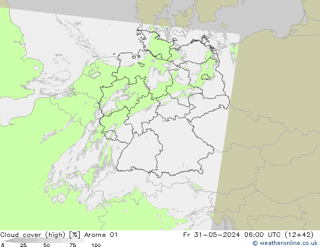 Cloud cover (high) Arome 01 Fr 31.05.2024 06 UTC