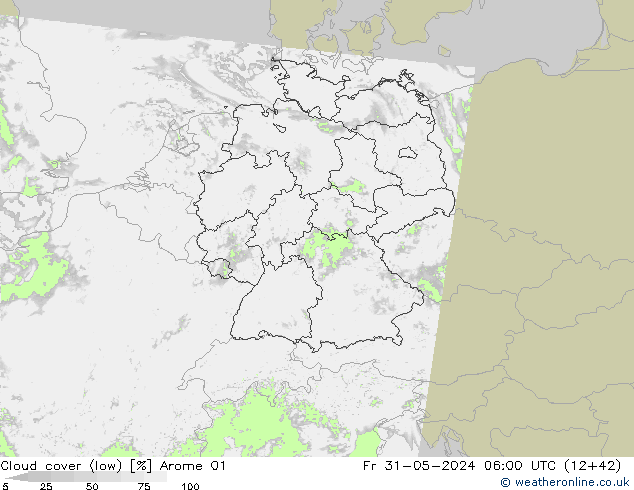 Cloud cover (low) Arome 01 Fr 31.05.2024 06 UTC