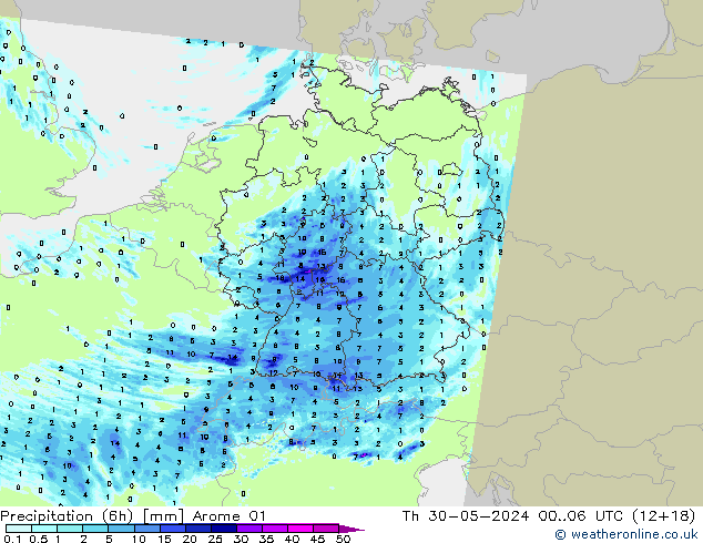 Precipitation (6h) Arome 01 Th 30.05.2024 06 UTC