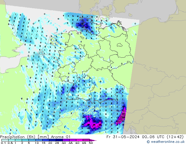 Totale neerslag (6h) Arome 01 vr 31.05.2024 06 UTC