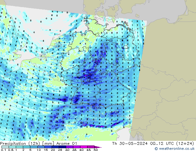 Precipitazione (12h) Arome 01 gio 30.05.2024 12 UTC