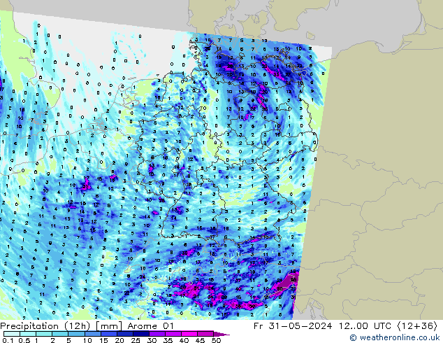 Precipitation (12h) Arome 01 Fr 31.05.2024 00 UTC