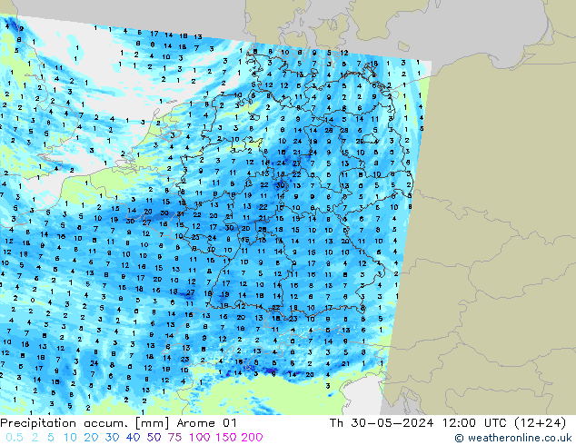 Precipitation accum. Arome 01 czw. 30.05.2024 12 UTC