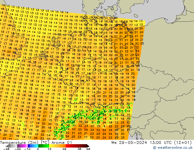 Temperature (2m) Arome 01 We 29.05.2024 13 UTC