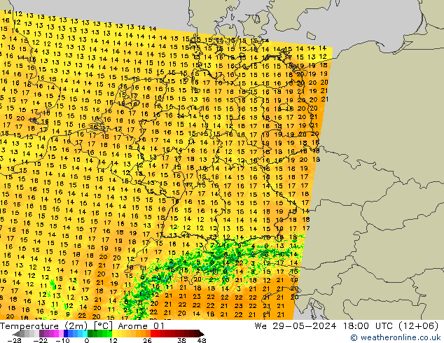 Temperatura (2m) Arome 01 mié 29.05.2024 18 UTC