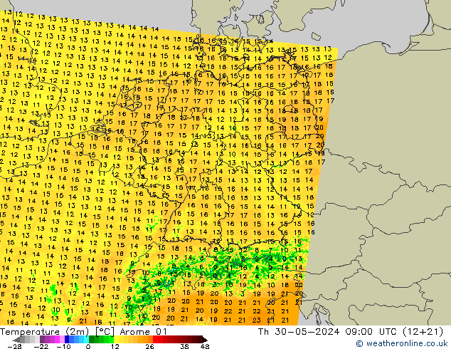 Temperaturkarte (2m) Arome 01 Do 30.05.2024 09 UTC