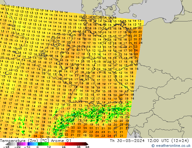 Sıcaklık Haritası (2m) Arome 01 Per 30.05.2024 12 UTC