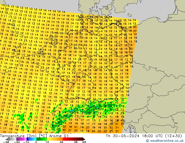 Sıcaklık Haritası (2m) Arome 01 Per 30.05.2024 18 UTC