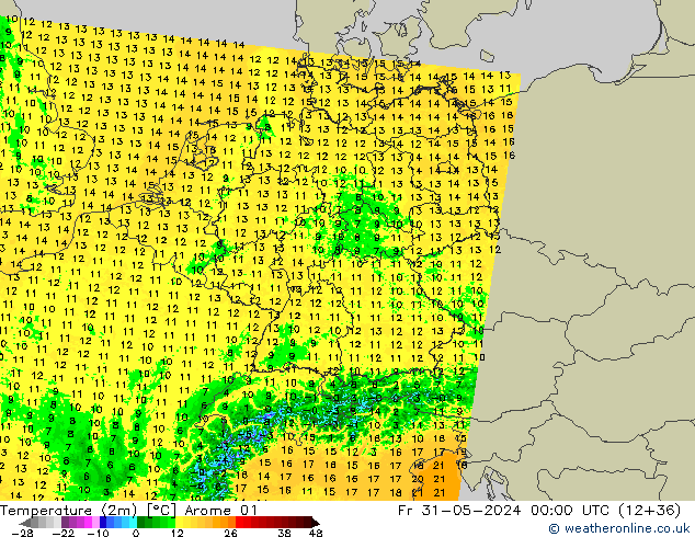 Temperature (2m) Arome 01 Pá 31.05.2024 00 UTC