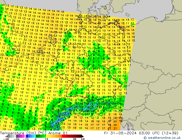 Temperature (2m) Arome 01 Fr 31.05.2024 03 UTC