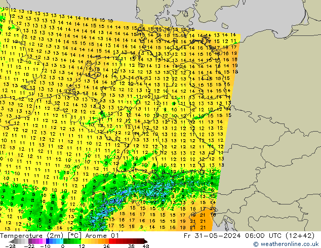 température (2m) Arome 01 ven 31.05.2024 06 UTC