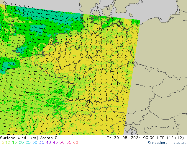 ветер 10 m Arome 01 чт 30.05.2024 00 UTC