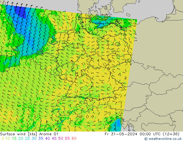 Surface wind Arome 01 Fr 31.05.2024 00 UTC