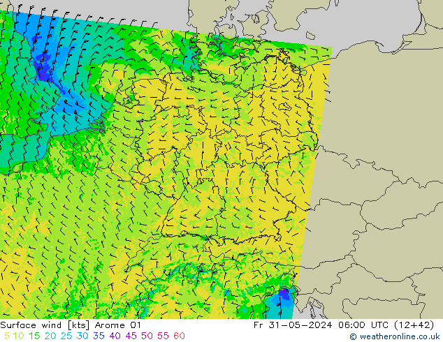 Rüzgar 10 m Arome 01 Cu 31.05.2024 06 UTC