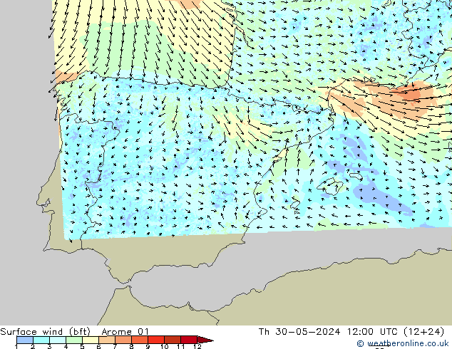 Wind 10 m (bft) Arome 01 do 30.05.2024 12 UTC