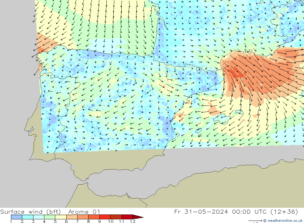 Wind 10 m (bft) Arome 01 vr 31.05.2024 00 UTC