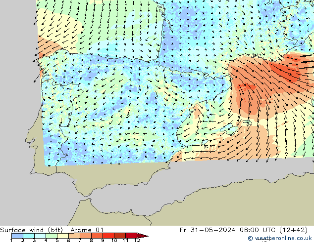 Surface wind (bft) Arome 01 Fr 31.05.2024 06 UTC