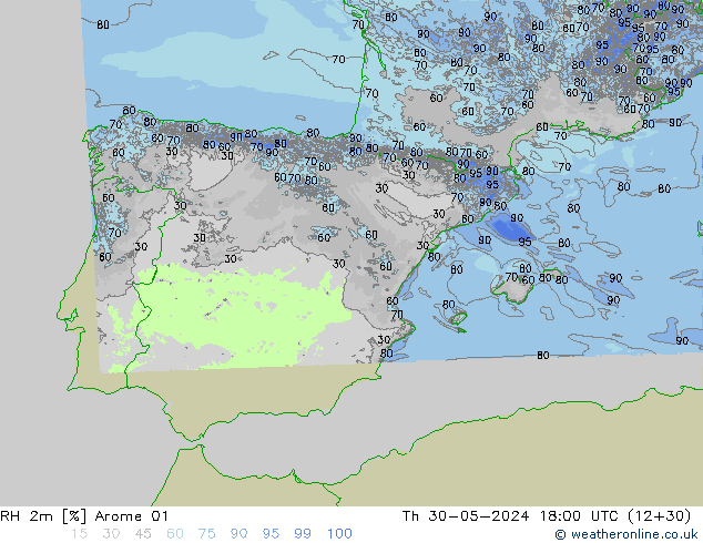 Humedad rel. 2m Arome 01 jue 30.05.2024 18 UTC