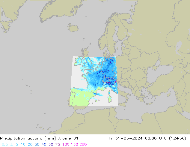 Totale neerslag Arome 01 vr 31.05.2024 00 UTC