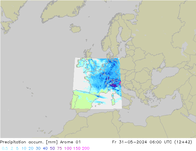 Totale neerslag Arome 01 vr 31.05.2024 06 UTC