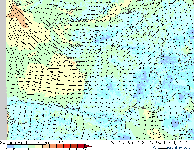 Bodenwind (bft) Arome 01 Mi 29.05.2024 15 UTC