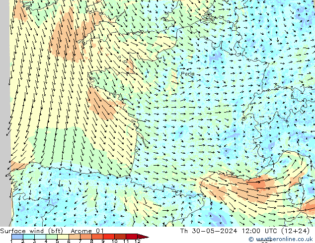 Surface wind (bft) Arome 01 Th 30.05.2024 12 UTC