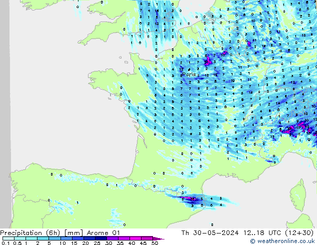 Precipitação (6h) Arome 01 Qui 30.05.2024 18 UTC