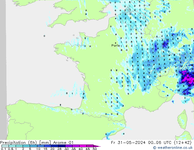 Totale neerslag (6h) Arome 01 vr 31.05.2024 06 UTC