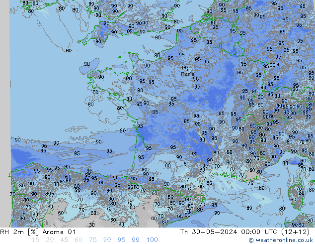RH 2m Arome 01 Th 30.05.2024 00 UTC