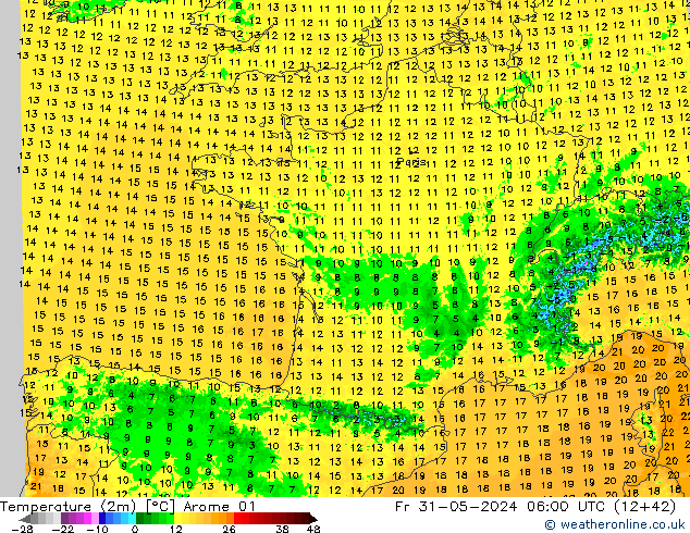 Temperatuurkaart (2m) Arome 01 vr 31.05.2024 06 UTC