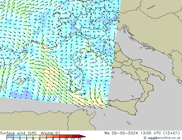 Surface wind (bft) Arome 01 We 29.05.2024 13 UTC