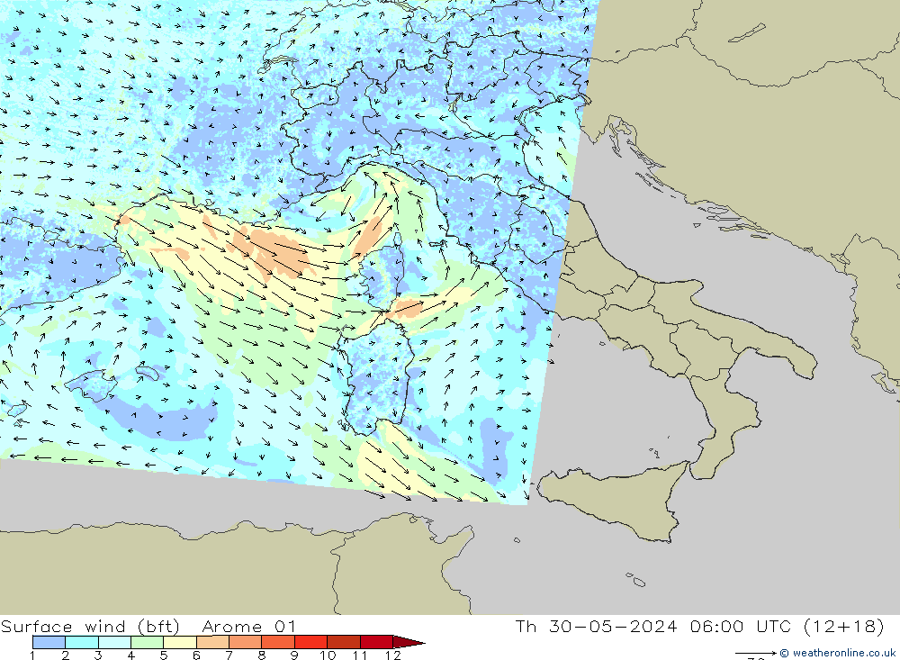 ве�Bе�@ 10 m (bft) Arome 01 чт 30.05.2024 06 UTC