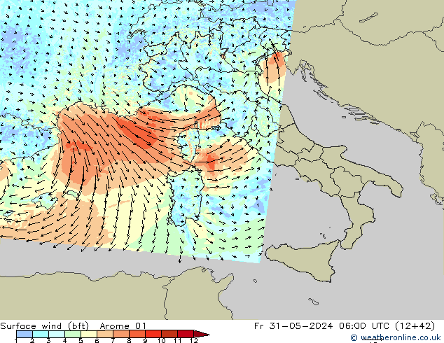 Surface wind (bft) Arome 01 Fr 31.05.2024 06 UTC