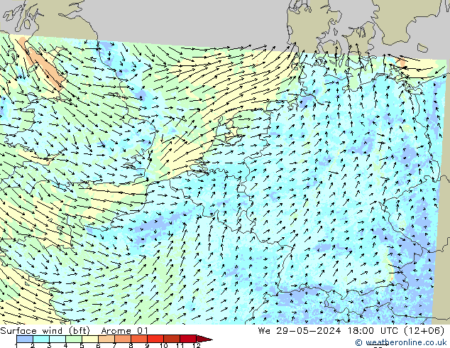 Wind 10 m (bft) Arome 01 wo 29.05.2024 18 UTC