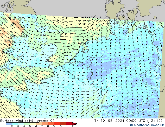 Surface wind (bft) Arome 01 Th 30.05.2024 00 UTC