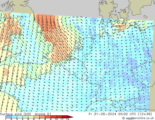 Surface wind (bft) Arome 01 Pá 31.05.2024 00 UTC