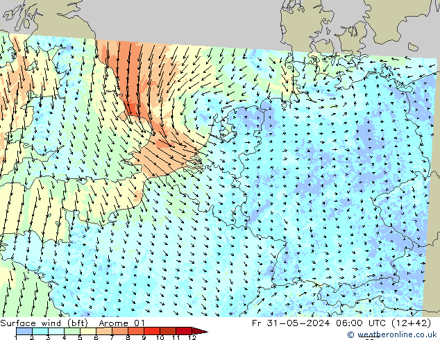 Surface wind (bft) Arome 01 Fr 31.05.2024 06 UTC