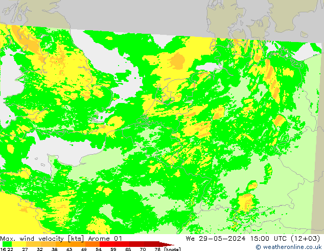 Max. wind velocity Arome 01 星期三 29.05.2024 15 UTC